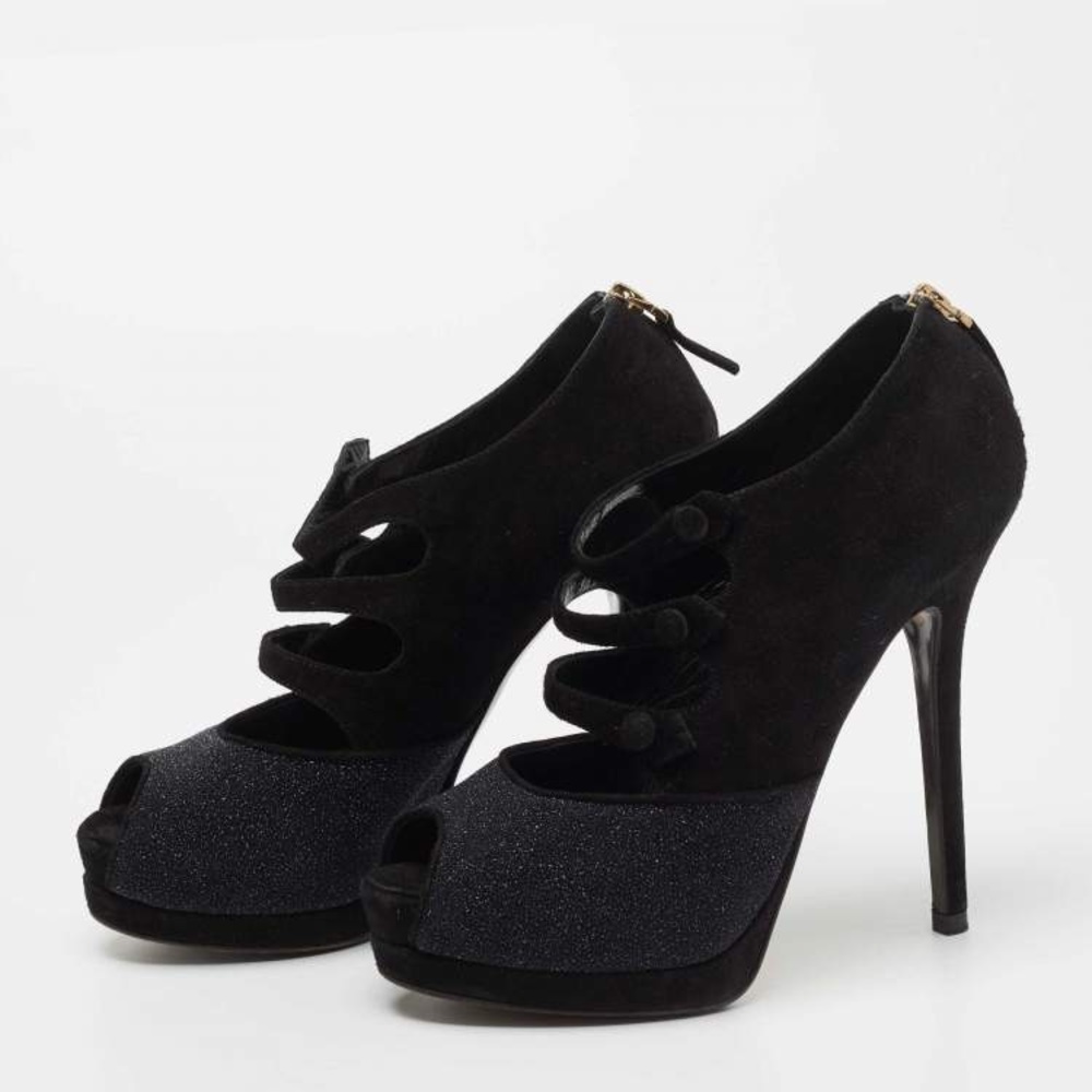 Fendi Black Suede and Glitter Peep Toe